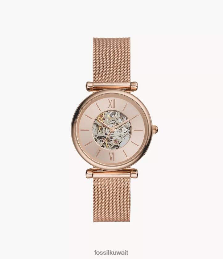 كيلووات Fossil نحيف ساعة كارلي أوتوماتيكية بشبكة من الفولاذ المقاوم للصدأ لون ذهبي وردي 2F6F2112 يشاهد