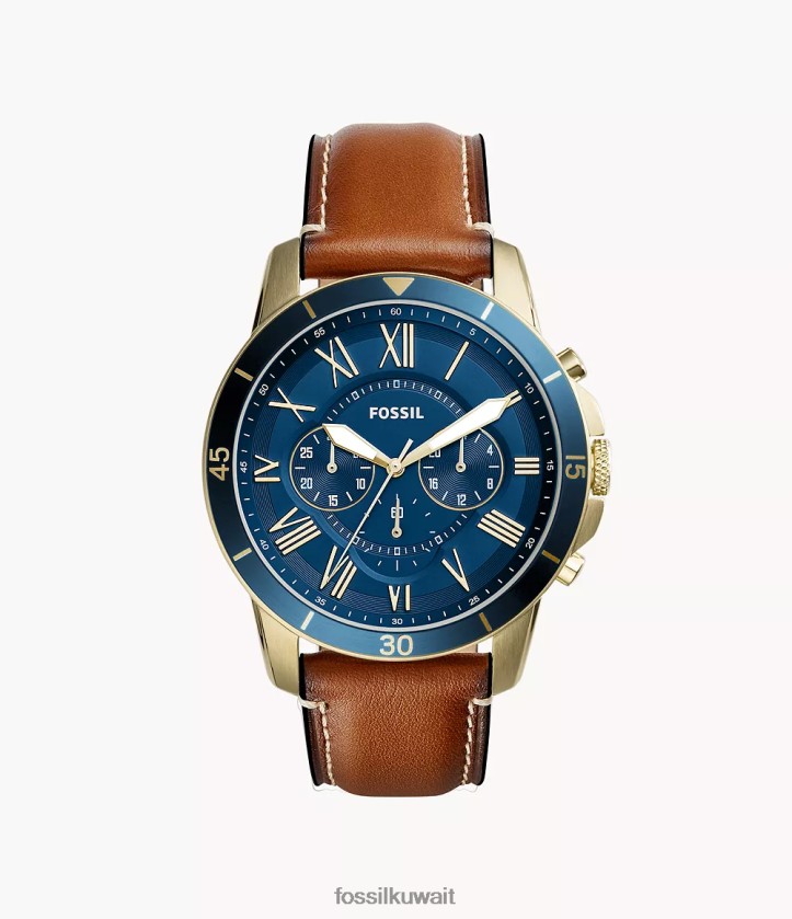 كيلووات Fossil رجال ساعة غرانت الرياضية ذات الكرونوغراف والأمتعة الجلدية البني الفاتح 2F6F21434 يشاهد