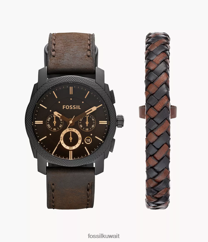كيلووات Fossil رجال ساعة كرونوغراف جلدية ومجموعة صندوق سوار بني غامق 2F6F21457 يشاهد