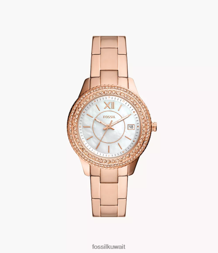 كيلووات Fossil نحيف ساعة ستيلا بثلاثة عقارب لعرض التاريخ من الستانلس ستيل لون ذهبي وردي 2F6F226 يشاهد