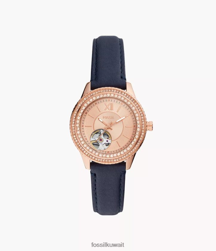 كيلووات Fossil نحيف ساعة ستيلا اوتوماتيكية من الجلد القوات البحرية 2F6F288 يشاهد